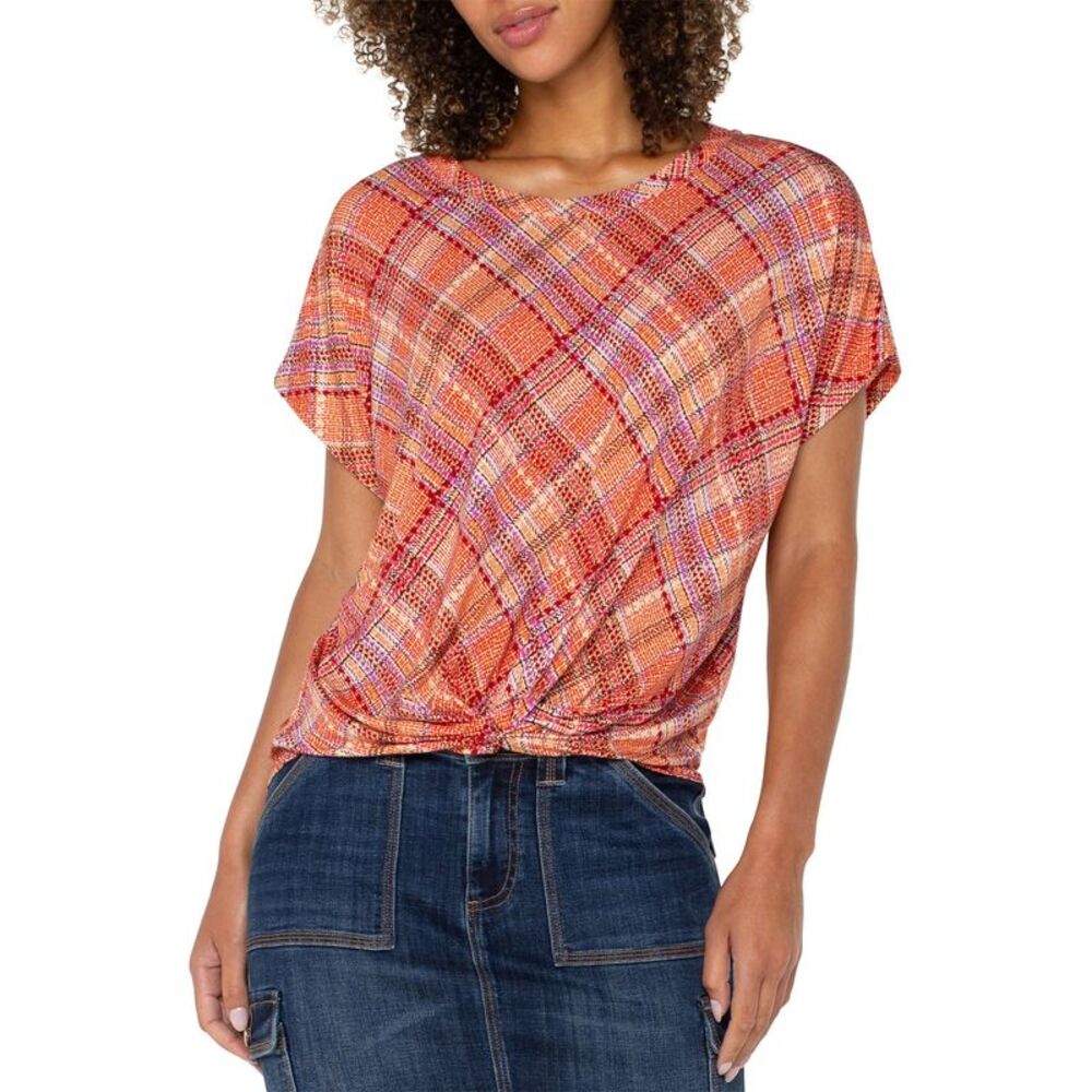 Liverpool Los Angeles Womens Plus Size Twist-Front Top 1X Clementine Multi Plaid
